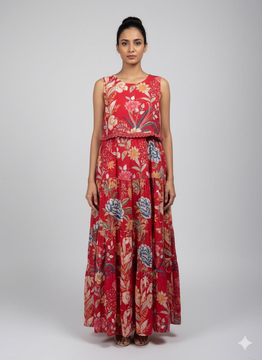 Shree Shanti Selection - Red Floral Printed Long Kurti For Womens